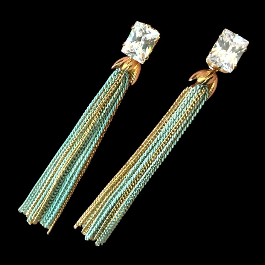 New Ella Cubic Zirconia Aqua Gold Tone Chain Dangle Earrings